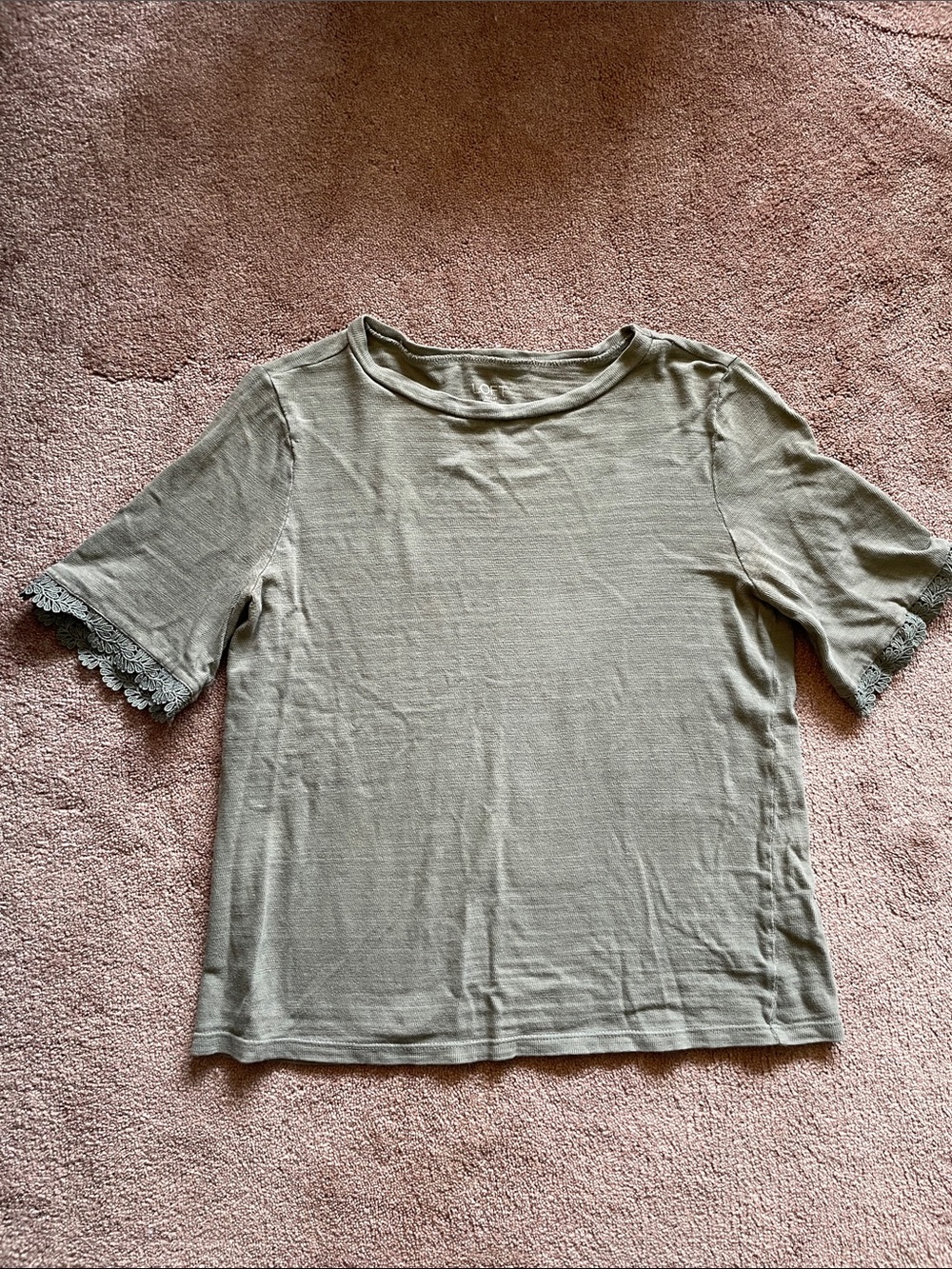 LOFT Sage Green Short Sleeve Tee with Lace Cuff